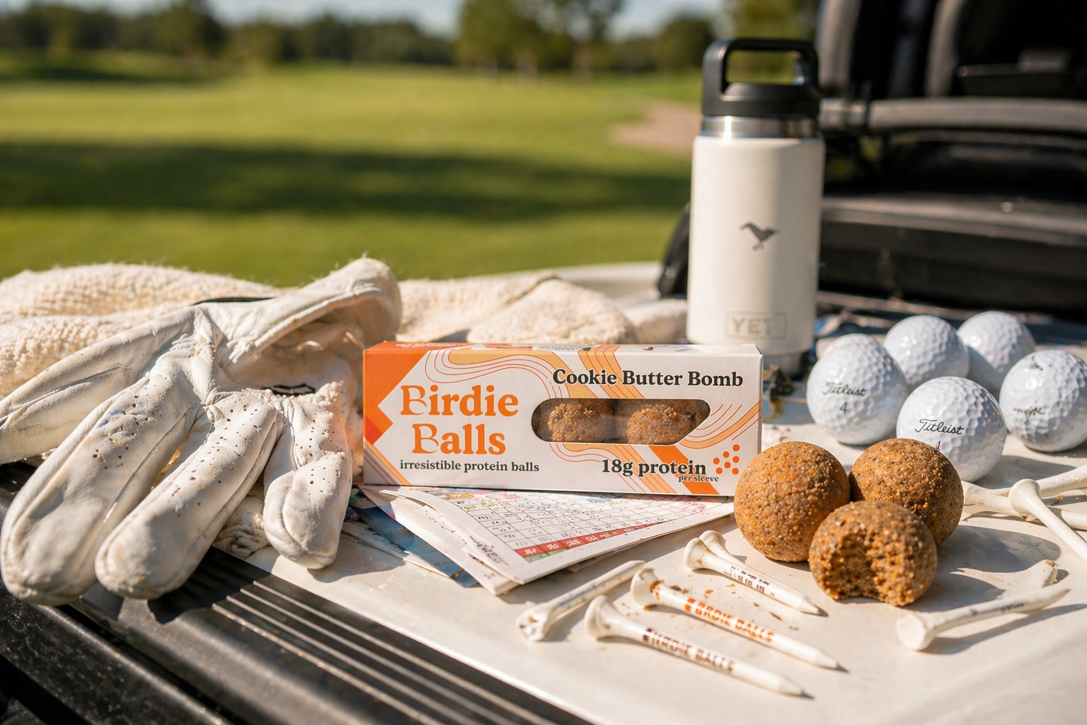 Birdie Balls on table with golf gear